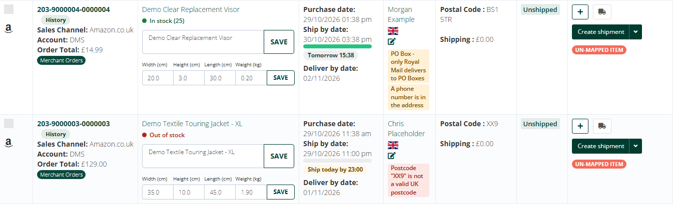 PO Box, phone number in the address and an invalid postcode, flagged before a label is bought.