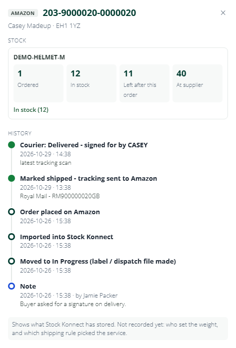 Stock, label, tracking, notes and the latest courier scan for one order.