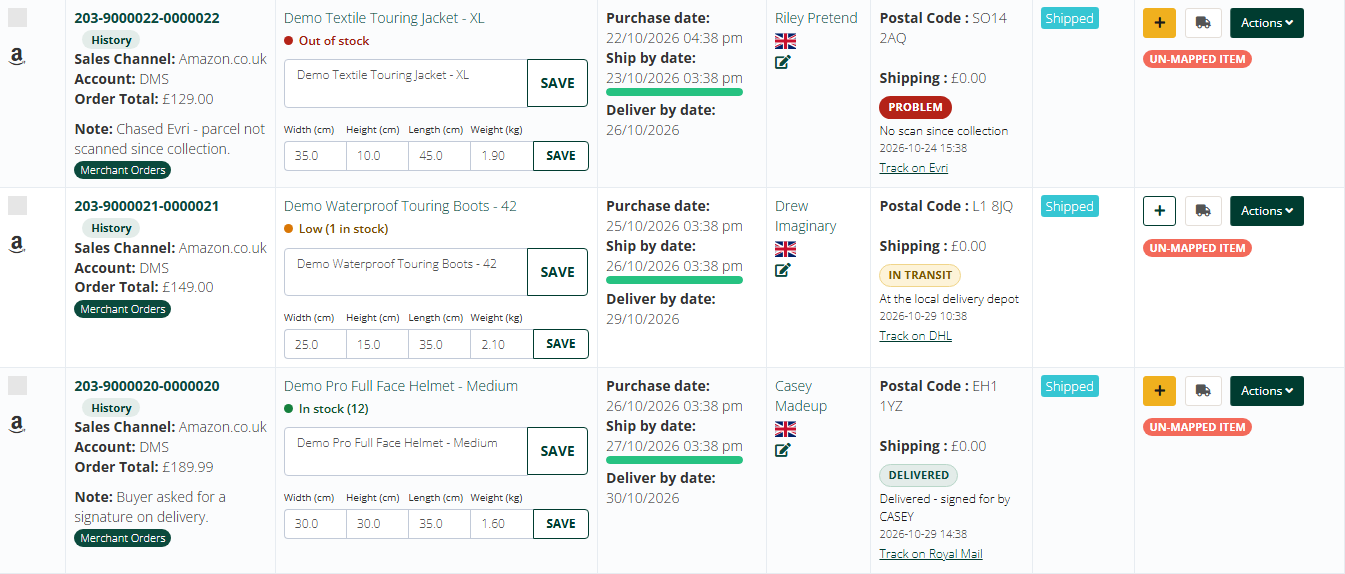 Delivered, In transit and Problem on shipped orders, with a link to the courier.
