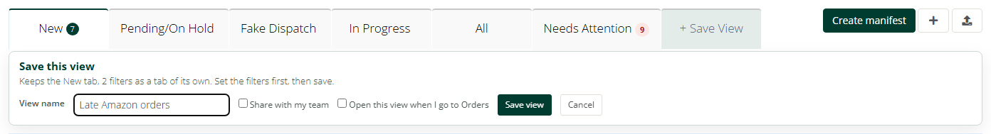 Save the current filters as your own tab, and share it with the team.