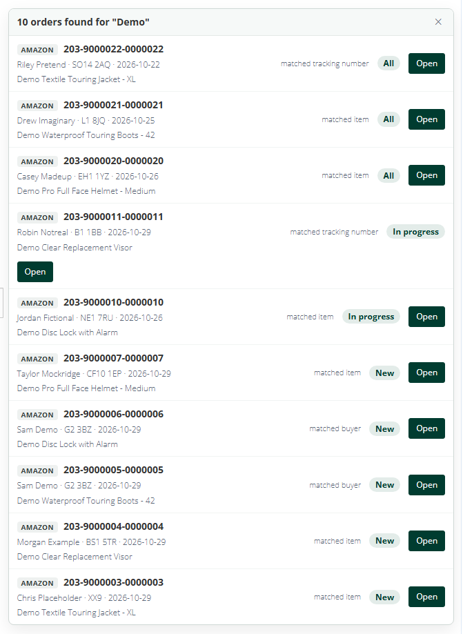 One search across New, In progress and All, with a button to open each order.